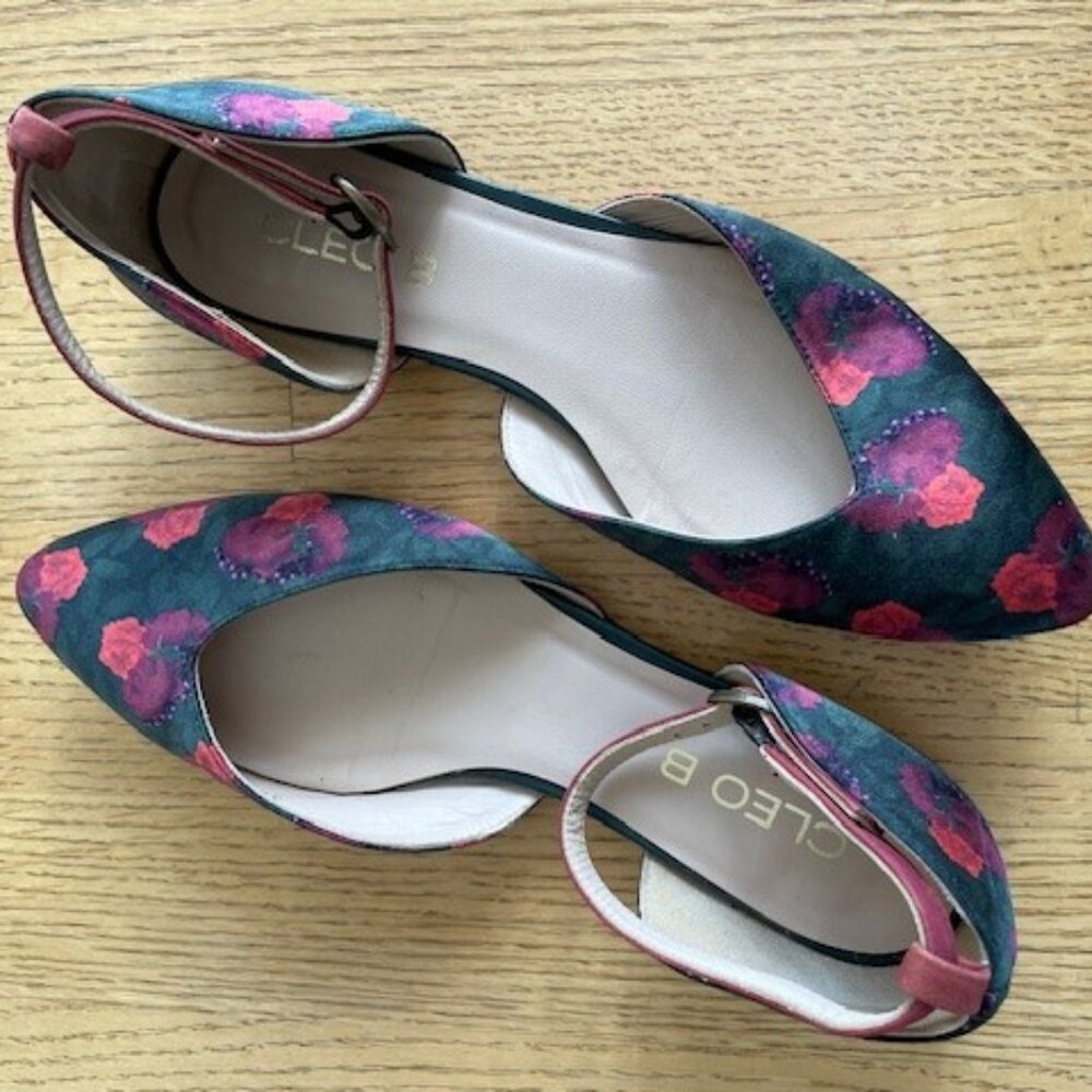 CLEO B FLATS Leather and Fabric Shoes with Ankle Strap, SIZE 38, Barely Worn - Picture 1 of 12